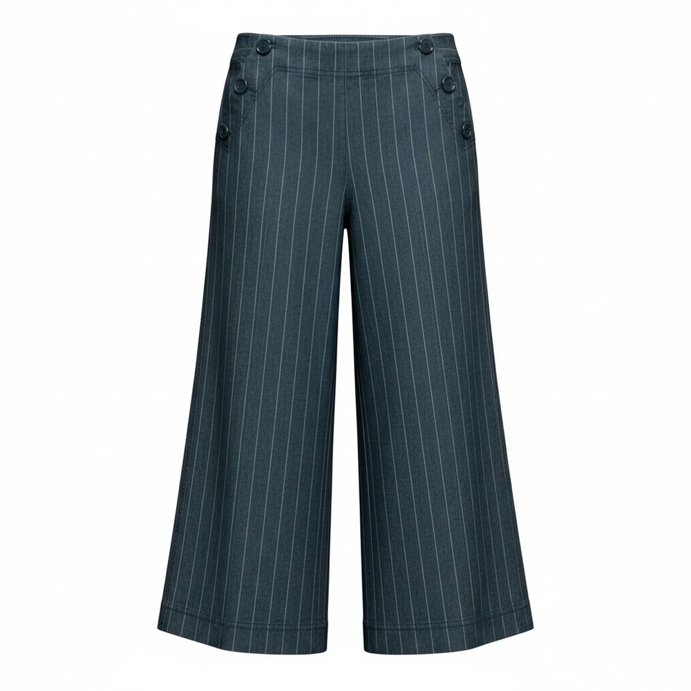 Larry Levine Stretch Women 6 Gray Pinstripe Sailor Wide Leg Crop Pants Nautical